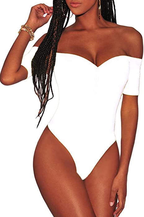 Ancapelion Women’s Off Shoulder Short Sleeve Bodysuit Sexy Stretchy Bodycon Top