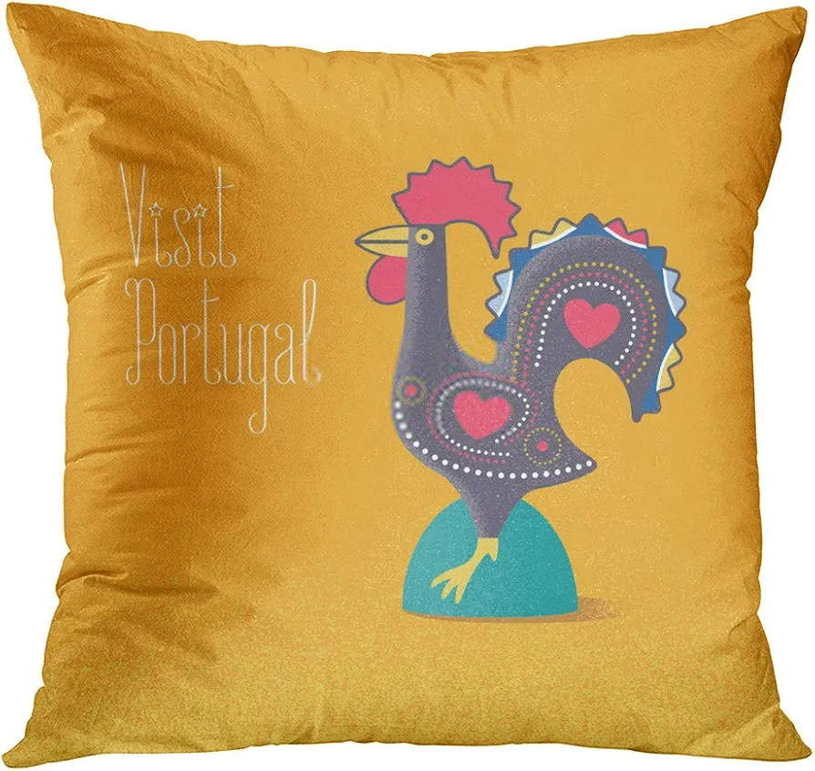 Throw Pillow Cover Decorative Portuguese Symbol Barcelos Rooster Animal Portugal Traditional National 16x16 Inch Pillow Case Home Car Sofa Office Meeting Room Decor Cushion Pillowcase