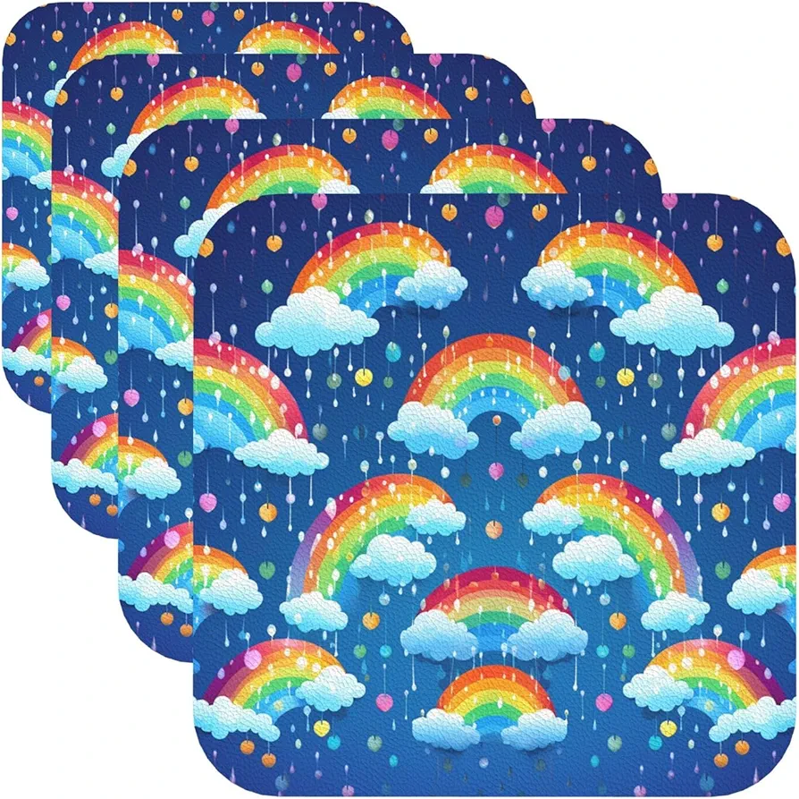 Drink Coasters with Holder Rainbow Clouds Raindrop Leather Coasters Round Coaster for Drinks Tabletop Protection Cup Mat Decorate Cup pad for Coffee Table Kitchen Dining Room Bar Decor