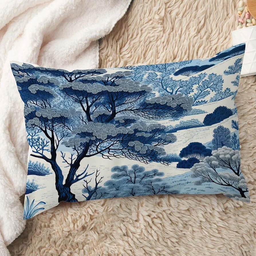 Chinese Style Blue and White Scenic Lumbar Pillow Covers 12x20 Inch Blue and White Indigo Chinoiserie Boho Lumbar Throw Pillow Cover with Hidden Zipper for Farmhouse Room Bedroom Sofa Chair Car