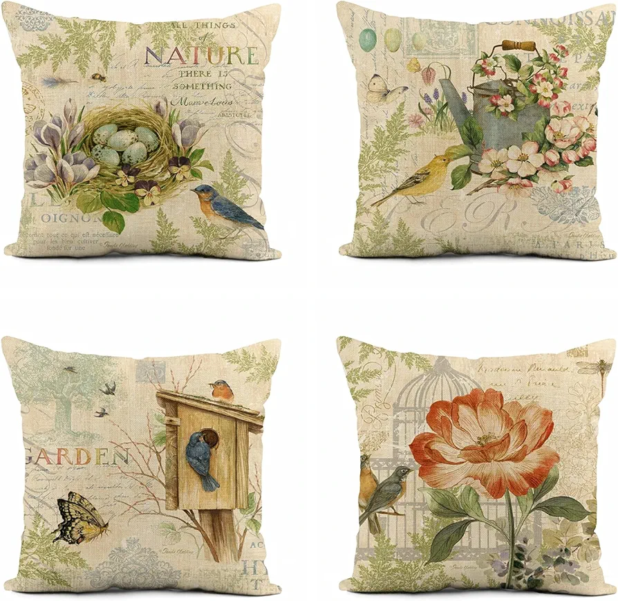 Set of 4 Linen Throw Pillow Covers 16x16 Inch Vintage Bird Nature Floral Home Decor Pillowcase Square Cushion Cover for Sofa Bed Couch