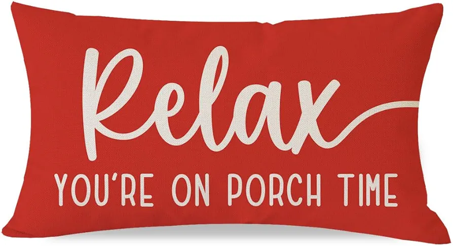 Decorative Throw Pillow Covers 12x20 Inch Relax Porch Time Red Outdoor Farmhouse Decorations Lumbar Pillow Decorative Throw Pillows Cases Cushion Covers for Porch Room Couch Sofa Decor