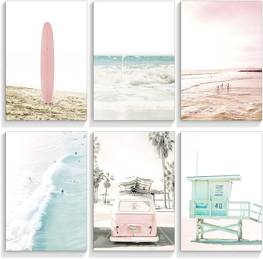 mifyuibytr Set of 6 Beach Canvas Wall Art, 8x10in Tropical Summer Ocean Coastal Posters, Preppy Gallery Beach Prints, Girly Nautical Surfboard Bus Room Decor, California Beachy Pictures Unframed