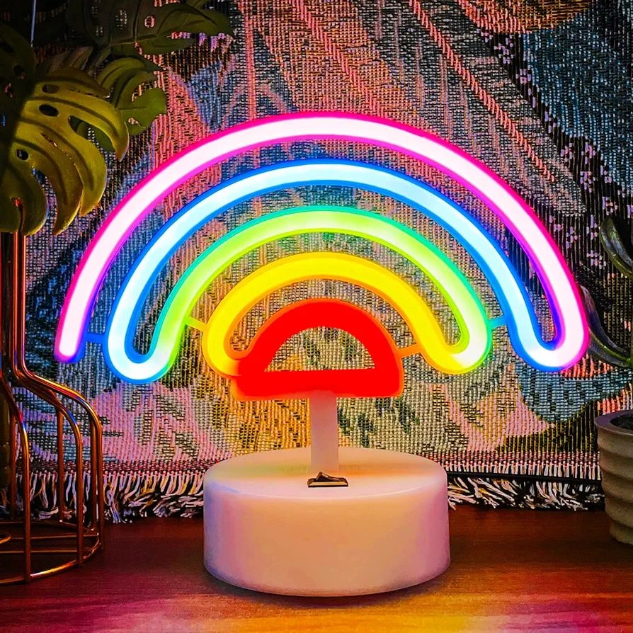 Rainbow Neon Sign Rainbow Neon Light, LED Rainbow Lamp Night Light, USB/Battery Operated Neon Sign Rainbow Room Decor for Girls Classroom Bedroom, Rainbow LED Lights Kids Table Decorations