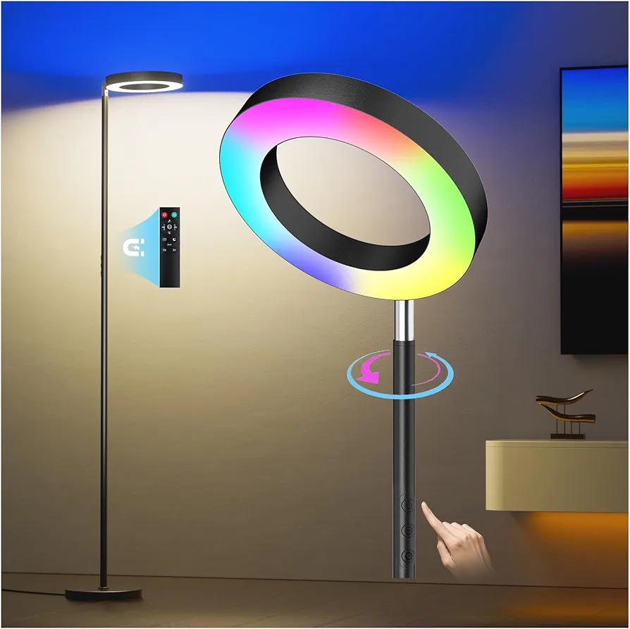 Dual-Sided RGBCW Floor Lamp, 42W 2800LM Bright Dimmable LED Standing Lamp with Remote Control, 350° Rotatable Head, Modern Color Changing Torchiere Tall Lamps for Living Room Bedroom Office Gaming