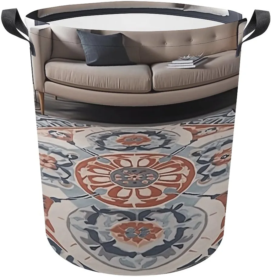 Laundry Basket with Handle Laundry Hamper Modern Decorated Room Dirty Clothes Hamper Waterproof Collapsible Circular Laundry Hampe Lightweight Organizer Basket for Bathroom Bedroom Dorm