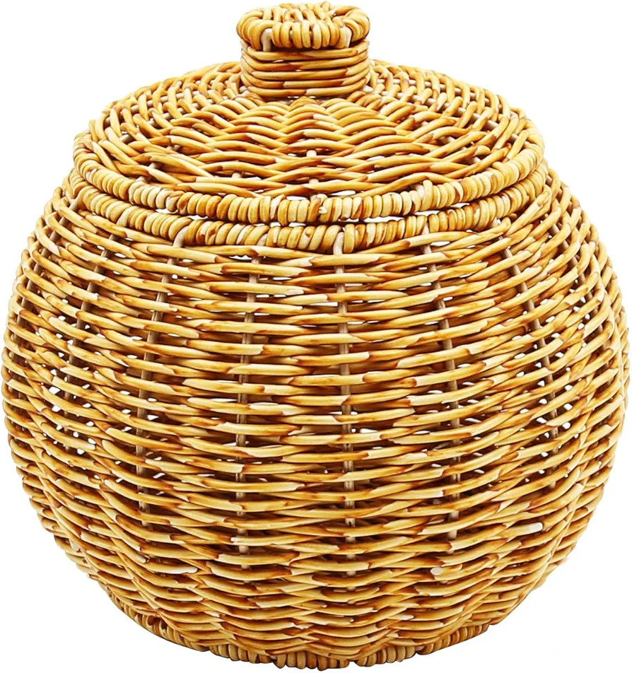 Round Rattan Storage Basket with Lid Mini Rattan Seagrass Box Handmade Rattan Desktop Storage Basket Round for Bathroom Living Room Kitchen Toy Key Holder Storage Decorative Flower