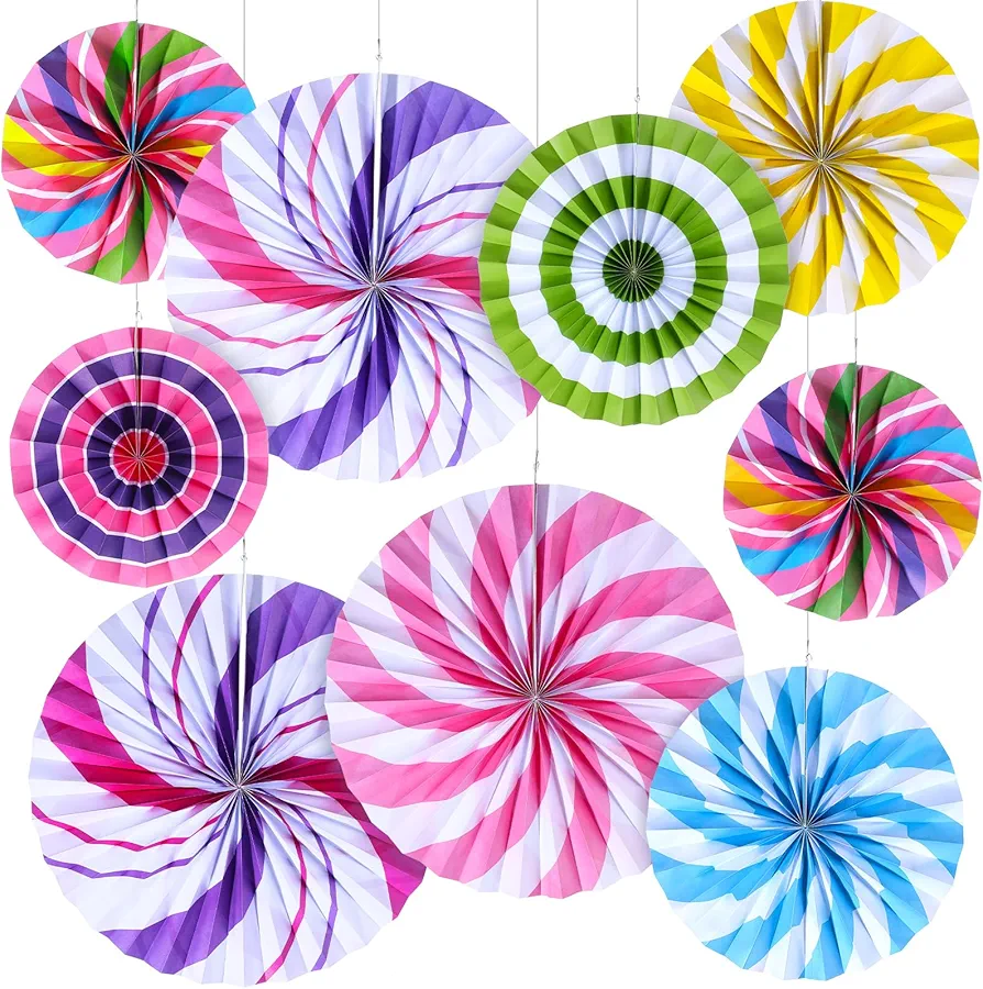 Outus 18 Pcs Candyland Hanging Paper Fans Decorations Candy Party Classroom Decoration Colorful Peppermint Candy Paper Fan Ceiling Wall Garland for Candyland Themed Birthday Halloween Party Supplies