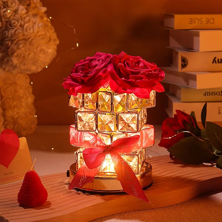 Rose Crystal Table Lamp, Rechargeable Cordless Rose Light 3 Colors Dimmable Flower Lamp, Romantic LED Rose Diamond Lamp for Bedroom Living Room Decor, Valentine Birthday Gift for Her (Rose Red)