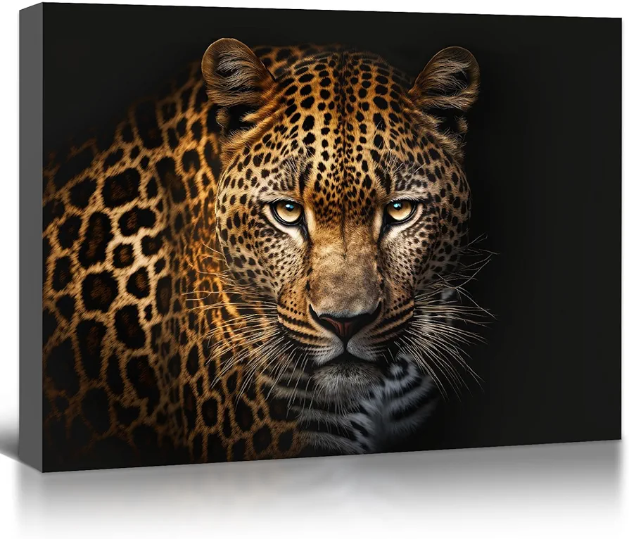 OOLAHLAH Black and Golden Leopard Wall Art Wildlife Animal Leopard Canvas Prints Picture Cheetah Poster Artwork for Bathroom Bedroom Office Living Room, Stretched and Framed 12"x16"