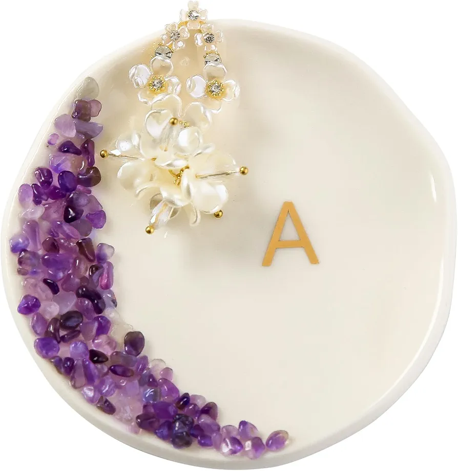 Ceramic Initials Ring Dish with Brazilian Amethyst Inlaid, Cute Room Decor Aesthetic, Decorative Jewelry Tray Trinket Dish, Engagement Wedding Birthday Christmas Gifts for Women (A)