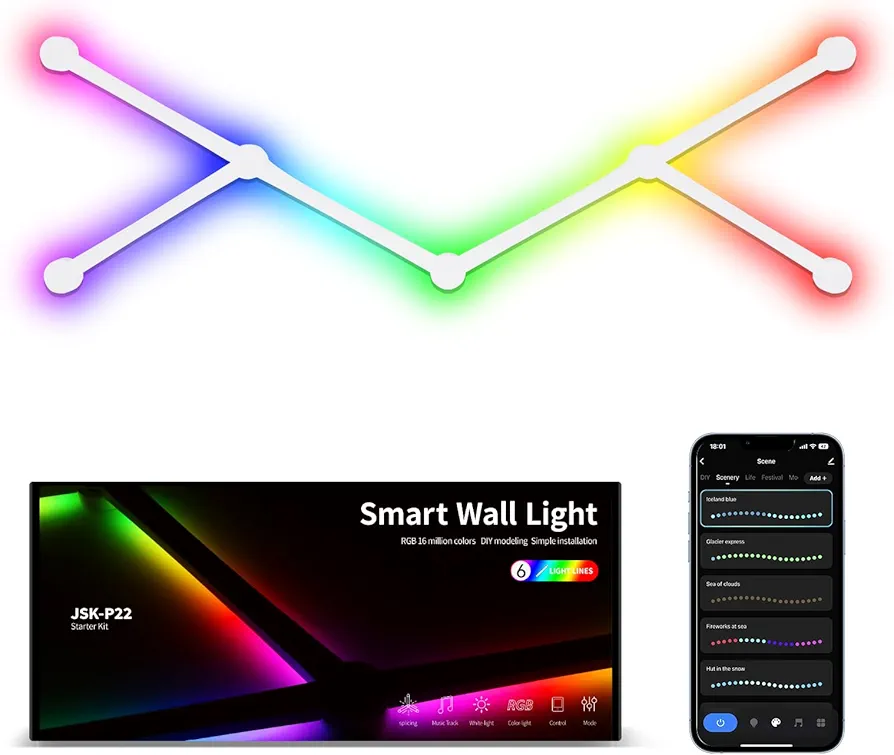 Smart Wall Light Lines, WiFi RGB LED Light Bars, 16M+ Color Dimmable Music Sync DIY Home Decor Light Bars for Gaming Party Streaming Lovers, Work with Alexa & Google Assistant (6 Lines,White)