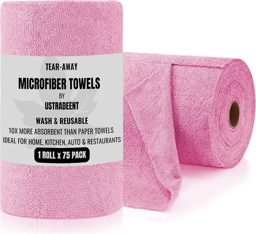 Microfiber Cleaning Cloth Roll -75 Sheets, Tear Away Towels, 12" x 12", Reusable Cleaning Rags and Microfiber Towels for Cars, Garage and Household Cleaning Supplies Organizer