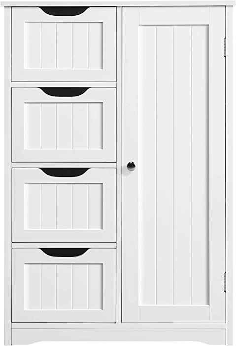 Yaheetech Wooden Bathroom Floor Cabinet, Side Storage Organizer Cabinet with 4 Drawers and 1 Cupboard, Freestanding Entryway Storage Unit Console Table, Bathroom Furniture Home Decor, White