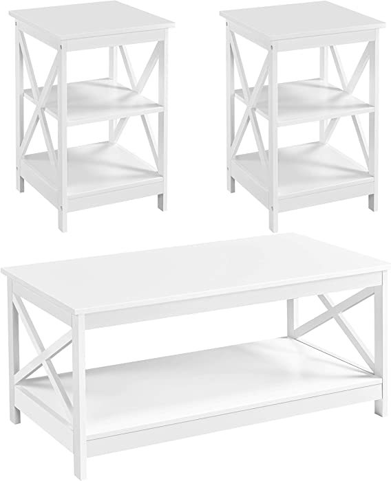 Yaheetech 3 Piece Living Room Wood Table Set, X-Design Coffee Table with Shelf & 2 x 3-Tier End Side Tables Storage Cabinet for Living Room, Accent Furniture, White