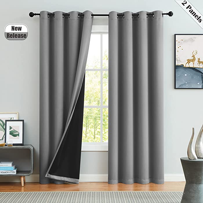 Beauoop Gray Blackout Window Curtain Panels 63 Inches Long 100% Full Blackout Thermal Weave Energy Efficient Noise Reducing Drapery Window Treatment Sets with Grommets for Bedroom, 2 Panels, 52"x63"