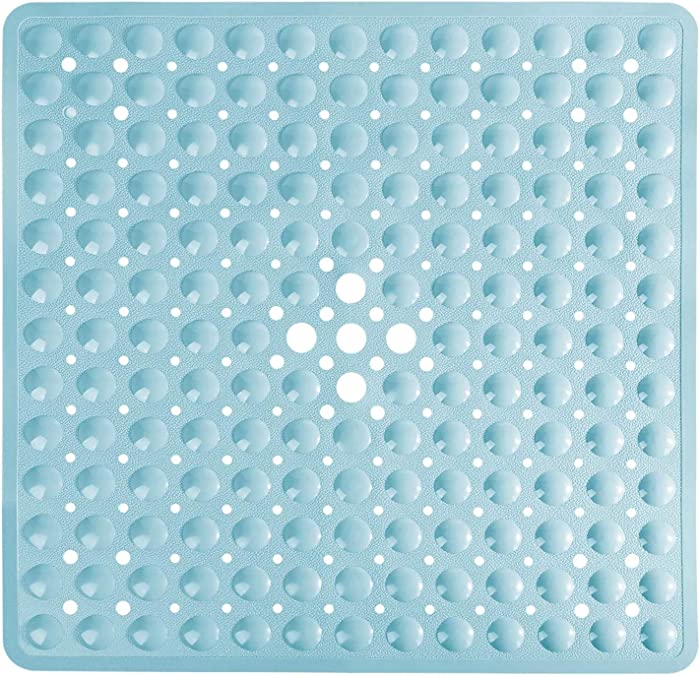 Yimobra Square Bath Shower Tub Mat for Bathroom, Non Slip Bathtub Mats with Suction Cups, Drain Holes, Machine Washable, 21 x 21 Inches, Light Blue