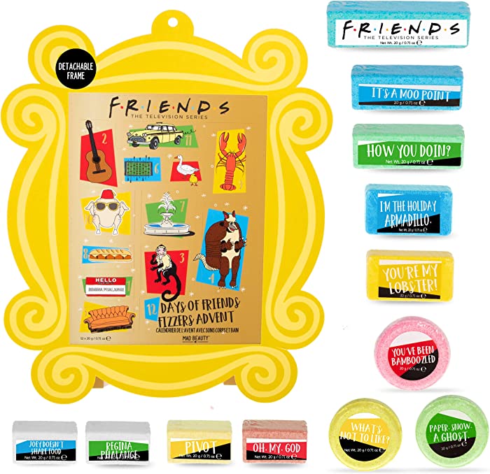 MAD BEAUTY 12 Days of Friends TV Show Bath Fizzers Advent Calendar, Scented Body Care and Bath Bombs, 12 Days of Delightful Bath Goodies for Healthy Skin Glow, Relaxing and Hydrating