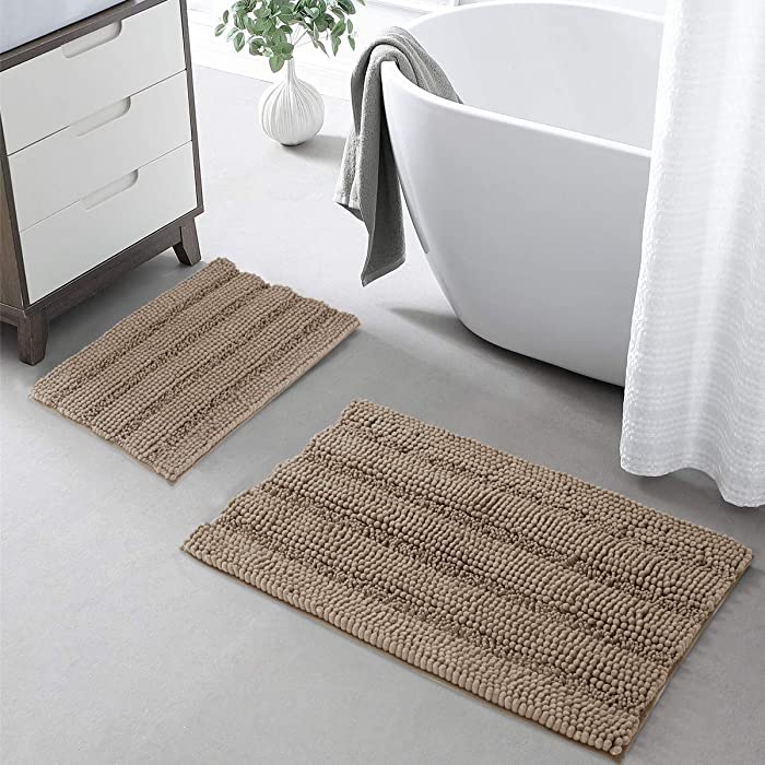 Non-Slip Bath Mats - Bathroom Rugs and Mats Sets Absorbent Super Soft Microfiber Chenile Floor Carpet for Tub Kitchen Christmas Decorations Gifts for Family, Taupe, 20" x 32" + 17" x 24", 2 Pcs