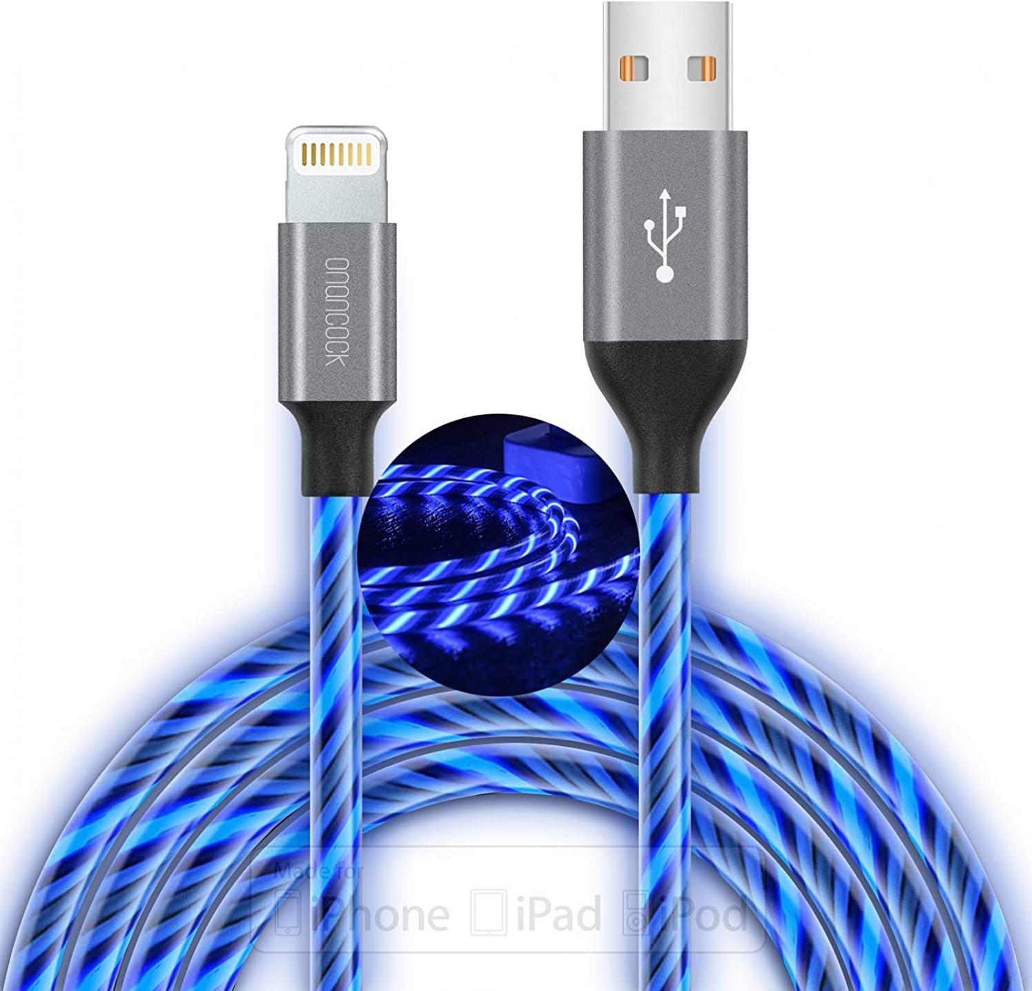 Light up iPhone Charger Cord, LED Lightning Cables 1 Pack | Apple MFi Certified | USB Fast Charging Cord for Apple iPhone 13 12 11 Pro Max XR XS X/8Plus/7Plus/6Plus/5s/5c/iPad More (6FT, Blue)