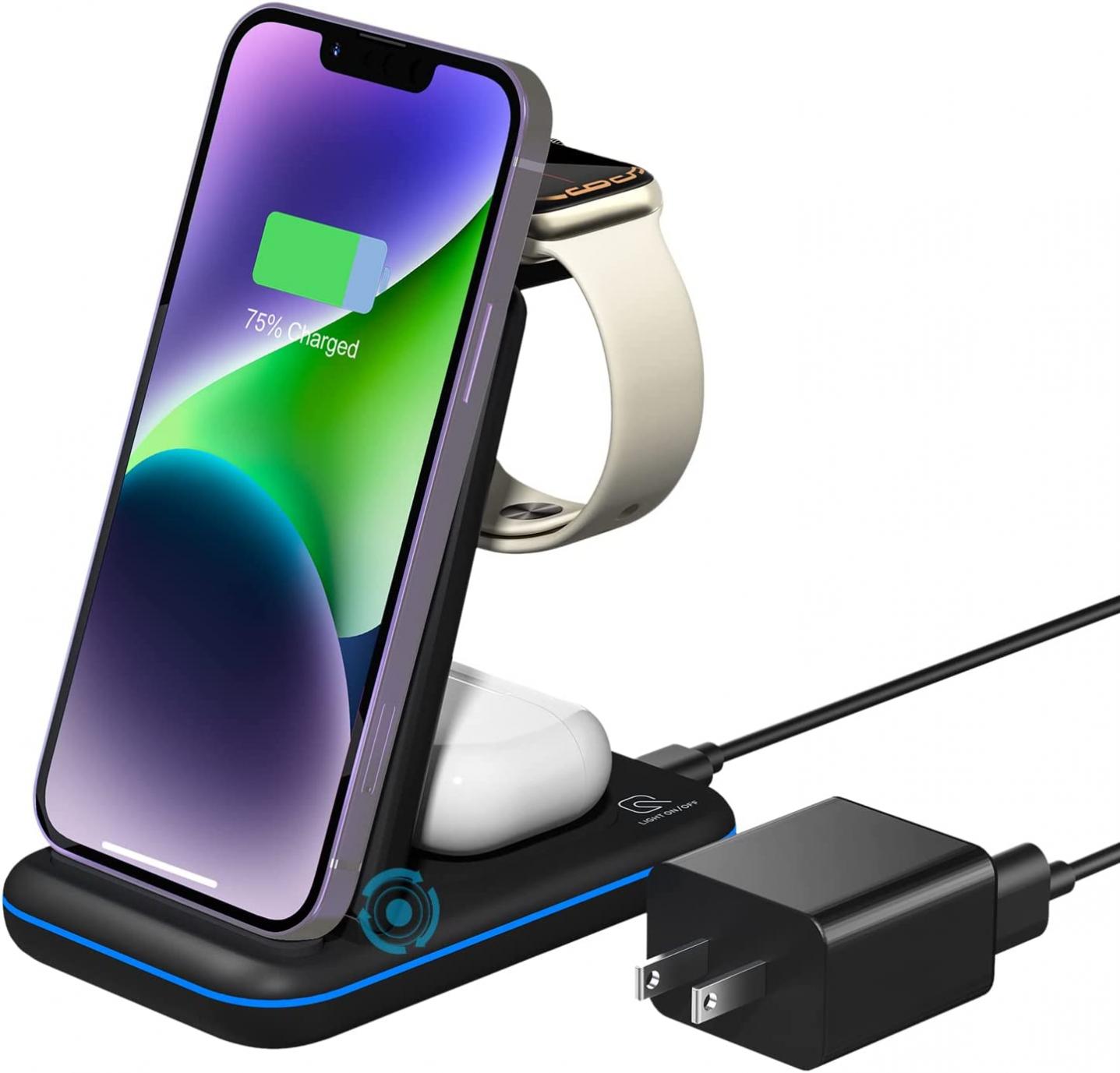 Portable Wireless Charger 3 in 1, 15W Charging Station for Apple Device, Qi Charger Stand Dock for iPhone 14/13/12/11/Pro Max/SE/X/XS/XR/8, for iWatch Apple Watch 8/7/6/SE/5/4/3/2, Airpods 3/Pro/2