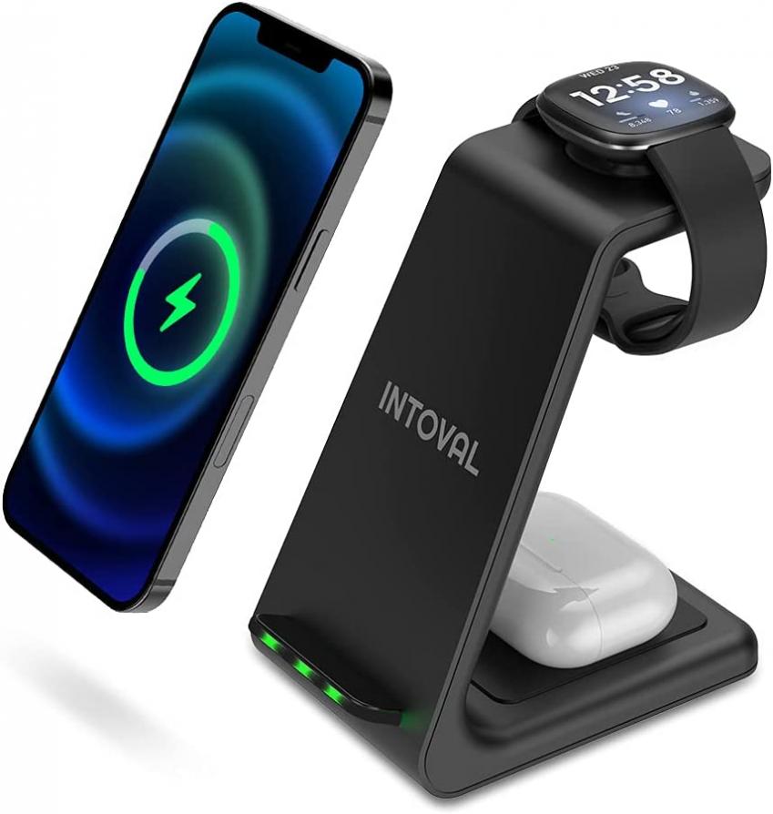 Intoval 3 in 1 Charger, for Fitbit Sense Fitbit Versa 3, iPhones, Samsung Galaxy Note and S Phones, Airpods Pro, Galaxy Buds +/Live and Other Wireless Charging Phones or Earbuds. (V3,Black)