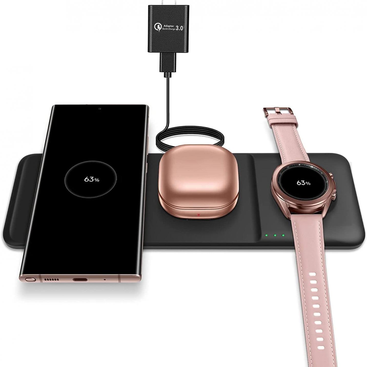 3 in 1 Fast Wireless Charger Trio for Samsung Galaxy Watch 4/3/Active 2/Active, Galaxy S22/S21/S20/S10/Note 20/Note 10, Galaxy Buds 2/Pro/Live/Plus Charging Station