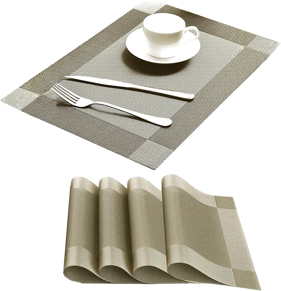 Table Placemats Dining Table Place Mats Set of 4 Heat Resistant Insulation Non-Slip Vinyl for Kitchen Dining Room 18" * 12" Gold