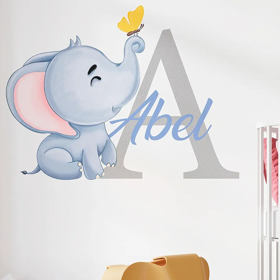 Customizable Elephant Wall Decal with Initial and Name - Personalized Baby Name Sticker - Cute Animal Design for Kids' Rooms - Room Decor, Home Decor, Wall Decor