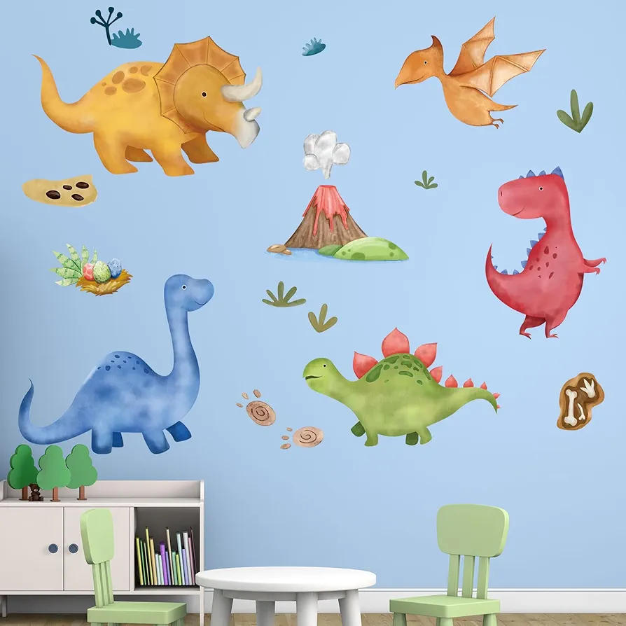 Dinosaur Wall Stickers - Volcano Cave Dino Eggs Wall Decals - Nursery Kids Baby Boys Room Daycare Wall Decor