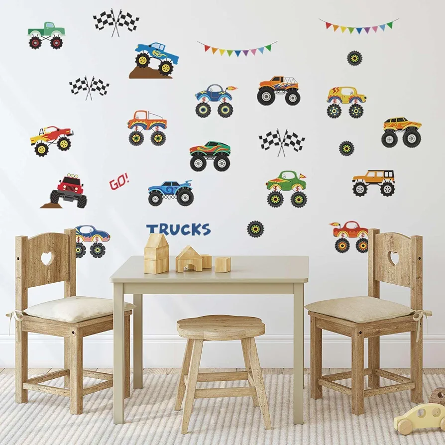 25 Pieces Monster Truck Stickers Wall Decals Wall Stickers for Bedroom for Living Room Kids Bedroom Baby Nursery Playroom Wall Decor