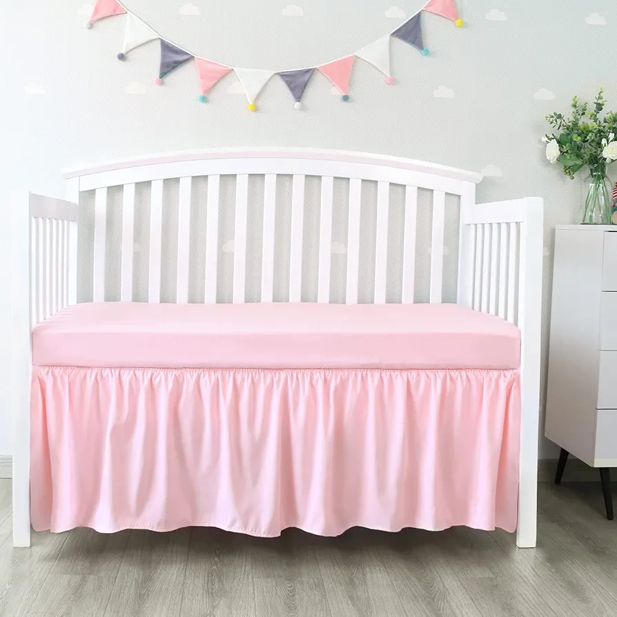 Crib Skirt Pleated Dust Ruffle Pink Nursery Room Decor for Baby Girls Boys Crib Toddler Bedding 14" Drop fit Standard Crib Toddler Bed Skirts Machine Washable