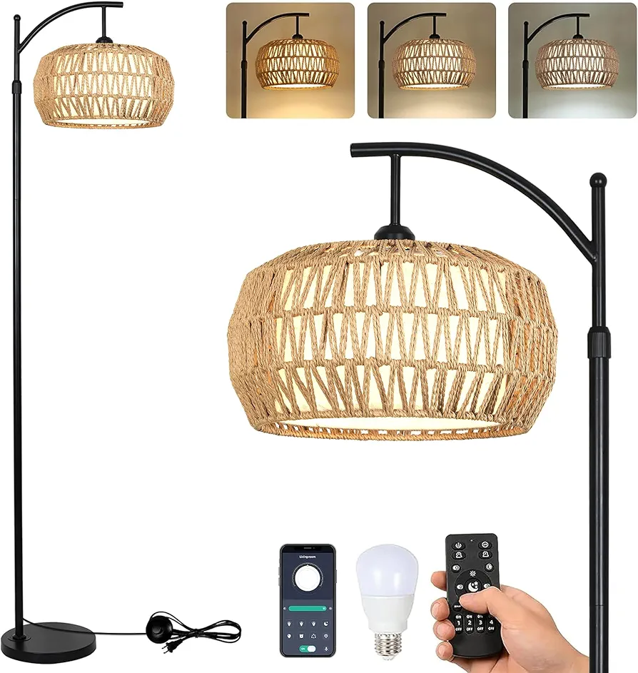 Arc Rattan Floor Lamps for Living Room with Remote Control,Dimmable LED Floor Lamp with 3 Color Temperature,Farmhouse Boho Standing Lamp with Rattan & Fabric Shades, Adjustable Tall Lamp for Bedroom