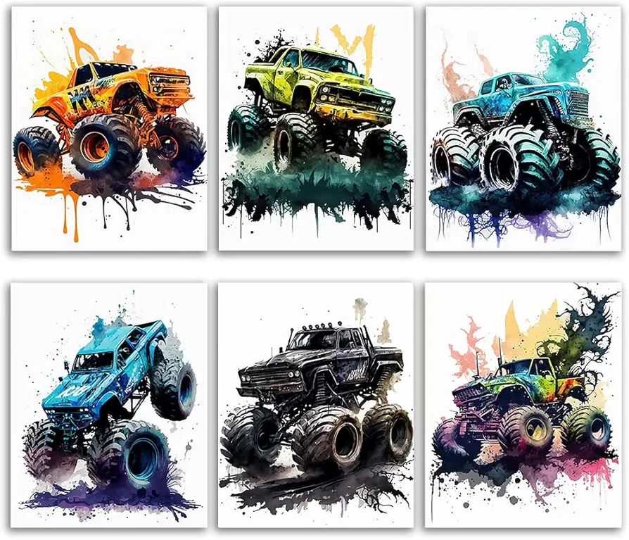 Monster Truck Posters Wall Art Prints for Boys Room Decor,Watercolor Monster Truck Car Posters For Boys Kids Room Decorations,Nursery Kids Room Bedroom Playroom Wall Decor,Set of 6