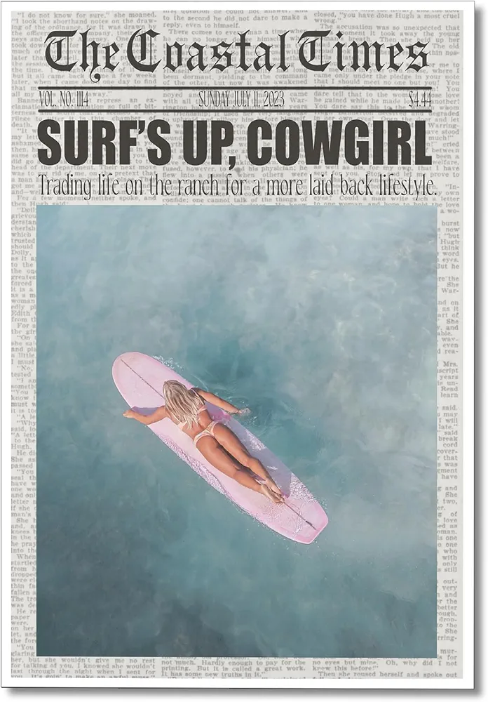 nghtuiyocw Beach Canvas Wall Art, Coastal Cowgirl Aesthetic Room Decor Poster, Surfer Girl Preppy Pink Surfboard Print, Newspaper Summer Beachy Surfing Pictures for Teen Girl Dorm 12x16in Unframed