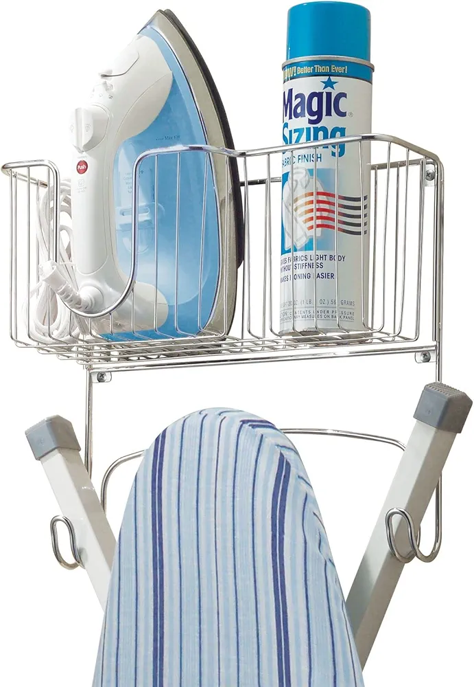 mDesign Metal Steel Ironing Board Holder Wall Mount with Large Storage Basket for Laundry Rooms - Holds Iron, Ironing Board, Spray Bottles, Starch, or Stain Sticks - Easy Installation - Chrome