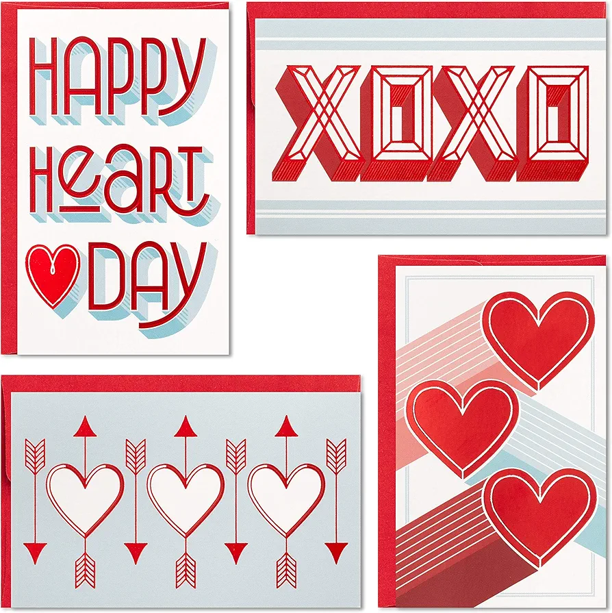 Hallmark Mini Valentines Day Cards and Stickers for Kids School, XOXO, Hearts (32 Classroom Valentines with Envelopes)