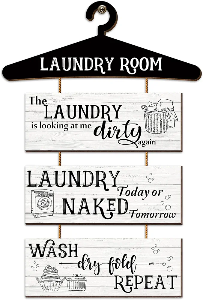 Laundry Room Decor 4 Pieces Wooden Laundry Room Signs Wall Decor Funny Laundry Room Signs Vintage Laundry Room Wash Dry Fold Repeat Signs Farmhouse Laundry Rustic Wall Decor (White)