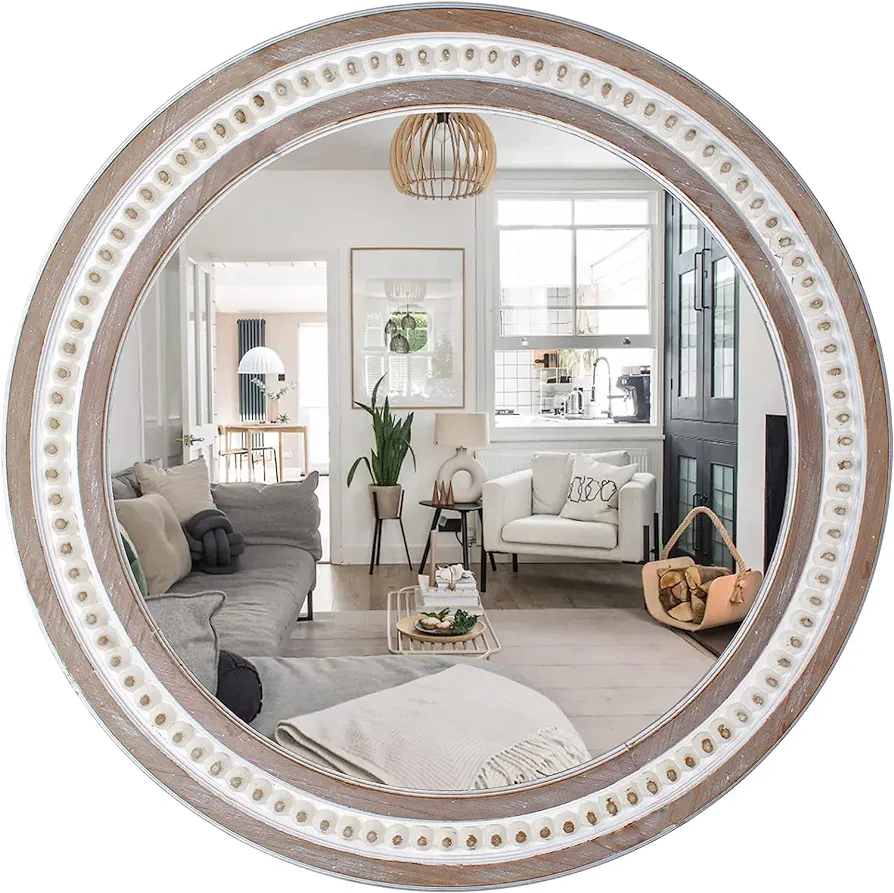 24 Inches Farmhouse Round Wood Mirror for Wall Decor, Rustic Distressed Mirror with Beads Boho Decorative Mirror for Bedroom, Living Room or Entryway Hanging Bathroom Mirrors for Over Sink