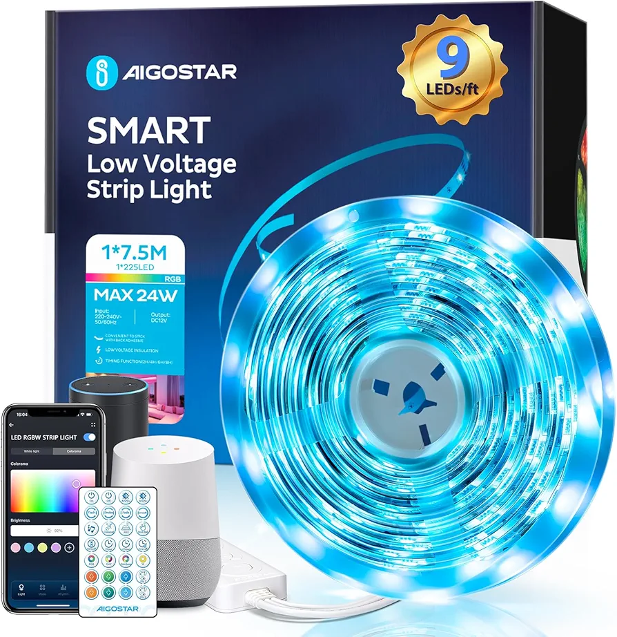 Aigostar Smart LED Strip Light with App Remote Control, RGB TV Backlight Work with Alexa Google Assitant, 24.6FT DIY Timer Music Sync WIFI Coloring Lights for Gaming Room Bedroom Party Wedding Decor