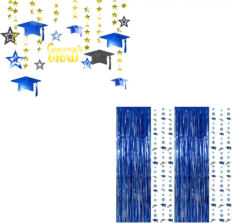 Cheerland Blue and Black Graduation Hat Garlands with Silver Stars for Photo Booth Glitter Streamers Banner Backgrounds and Classroom Decoration and Supplies