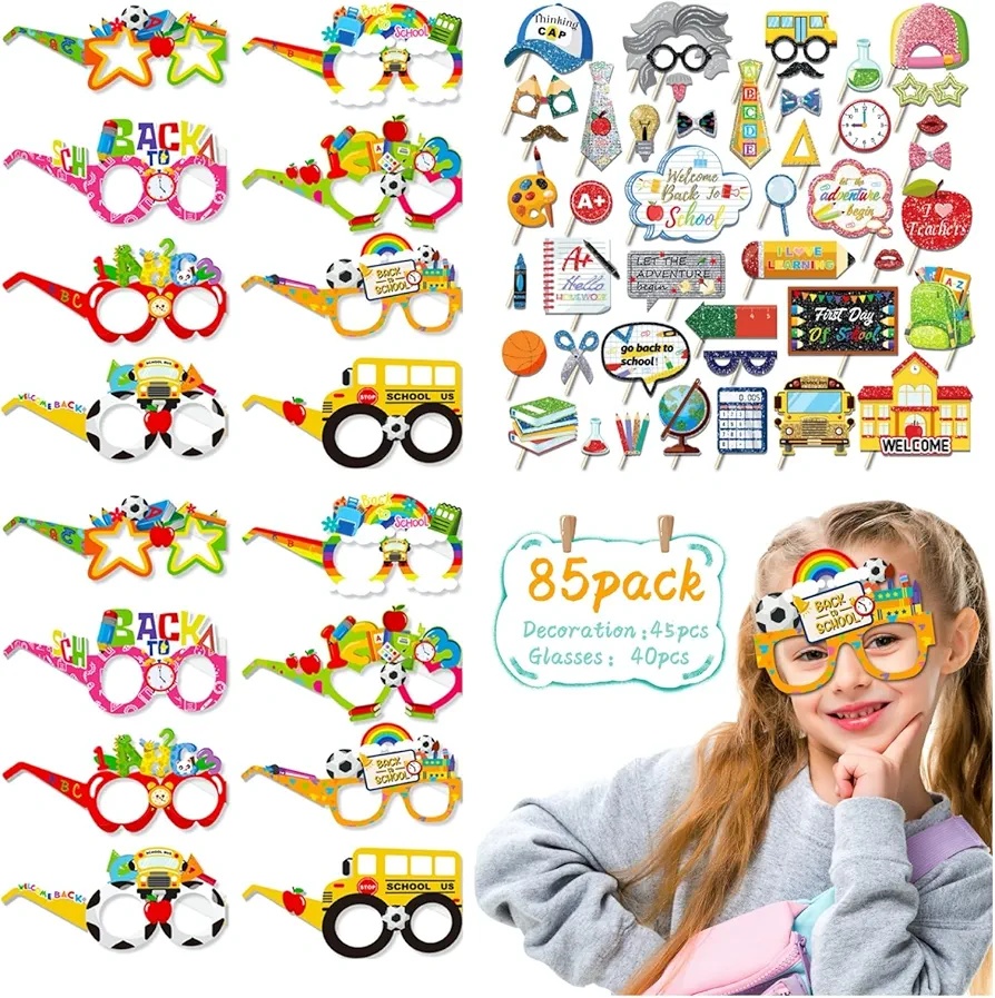 85PCS Back to School Photo Booth Props Decorations - Welcome Back to School Party Supplies for Classroom Party Show,Kindergarten Kids First Day of School Decorations with Glasses and Paper Card