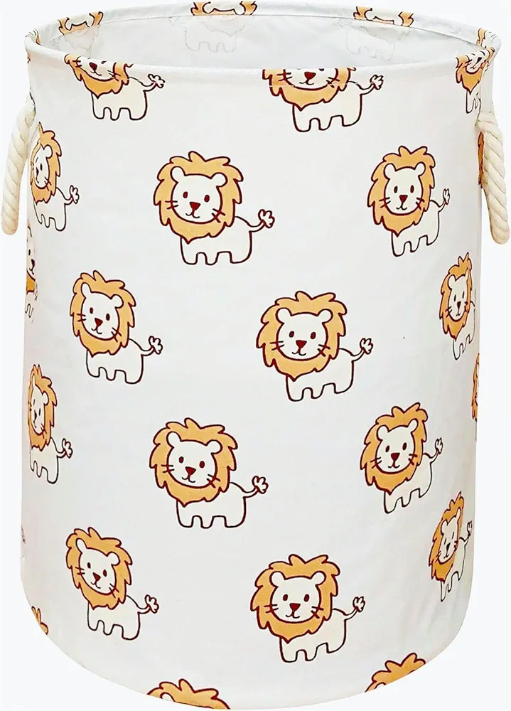 Round Laundry Basket, Waterproof Canvas Large Clothes Basket Laundry Hamper with Handles Kids Nursery Hamper for Kids Room,Toy Storage(lion)