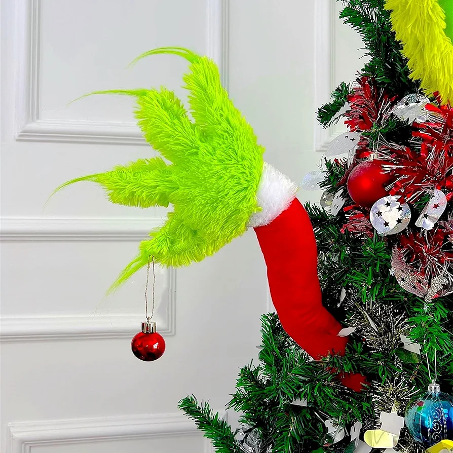 Christmas Elf Body Tree Decorations, Christmas Green Monster Stole Xmas Tree Topper, Pose-able Christmas Elf Stuffed Leg Arm and Head for Christmas Tree Hanging Ornament (Arms, 27.6x7.8 inch)