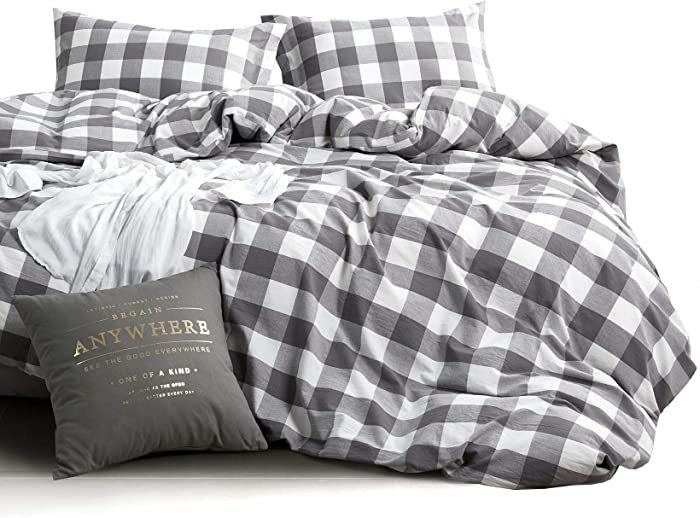 Wake In Cloud - Washed Cotton Duvet Cover Set, Buffalo Check Gingham Plaid Geometric Checker Pattern Printed in Gray Grey and White, 100% Cotton Bedding, with Zipper Closure (3pcs, Queen Size)