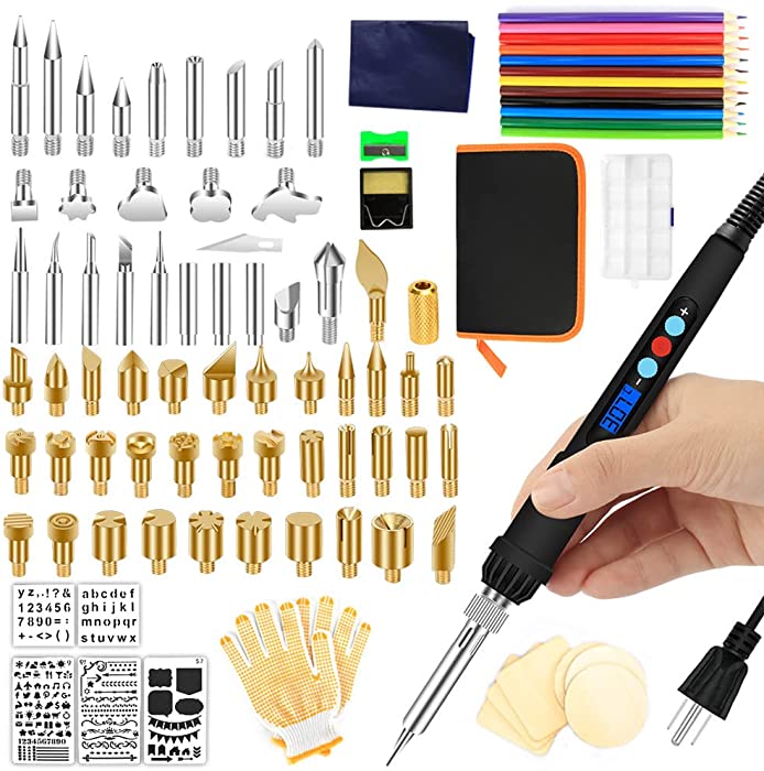 110PCS Wood Burning Kit, Professional Pyrography Kit Wood Burning Tool Set DIY LCD Display Wood Burning Pen Burner Adjustable Temperature for Embossing Carving Soldering Tips