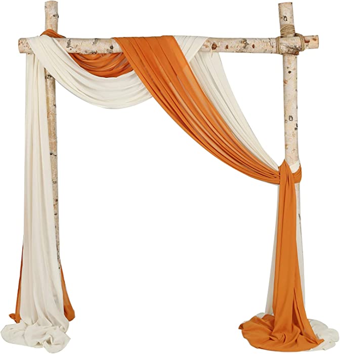 SHERWAY 2 Panels Chiffon Fabric Drapery Wedding Arch Drapes, Party Backdrop Curtain Panels, Ceremony Reception Swag Decoration (27 x 216 Inch, Orange & Ivory)