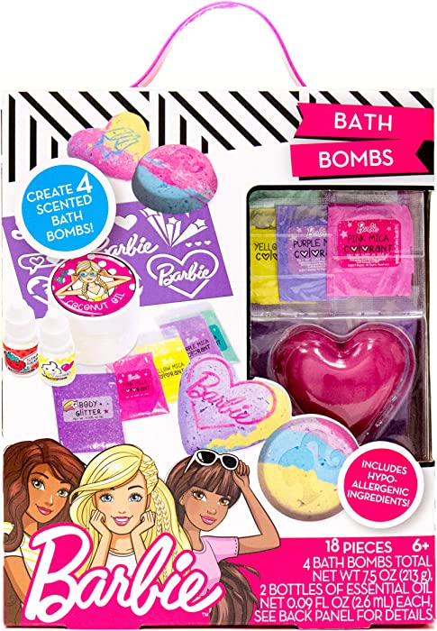 Barbie Make Your Own Bath Bomb Kit by Horizon Group USA, DIY Four Custom Colorful & Sweet-Smelling Bath Bombs, Includes Stencil, Glitter, Molds, Fragrances & More, Pink, Yellow, Teal & Purple