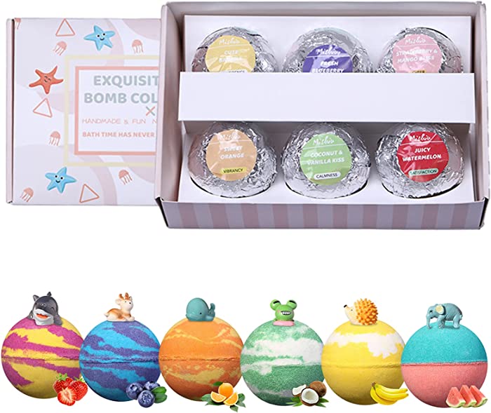 Funny Kids Bath Bombs Gift Set with Surprise Toys Inside (6 Pcs) Handmade Fun Assorted Colored Bath Fizzies Kid Neutral Bath Bombs Plant Aromatherapy Bubble Bath Fizzy Set for Women