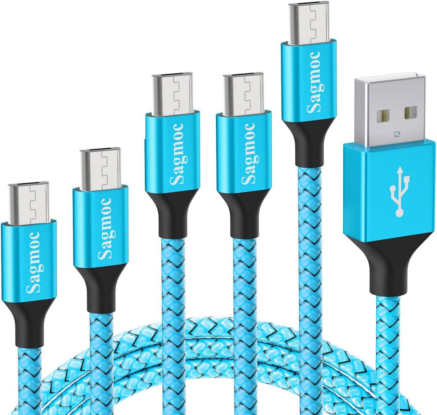 Micro USB Cable Android Charger Cord - Sagmoc Charging Cord Nylon Braided【5 Pack】 10FT 2x6FT 3FT 2FT for Samsung Galaxy S7 S6 Edge, Note 5, Kindle, Android Smartphone, MP3, Tablet and More（Light Blue）